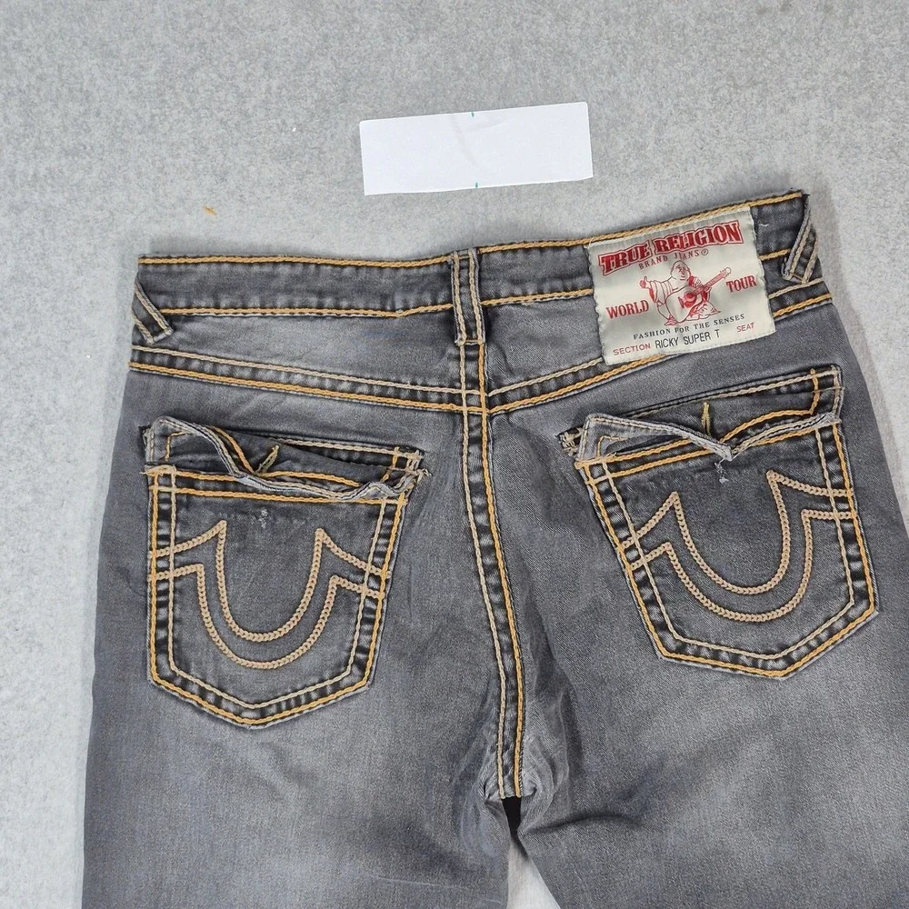 True Religion Men Jeans 36 Gray Denim Rocco Ricky Relaxed Straight Thick Stitch